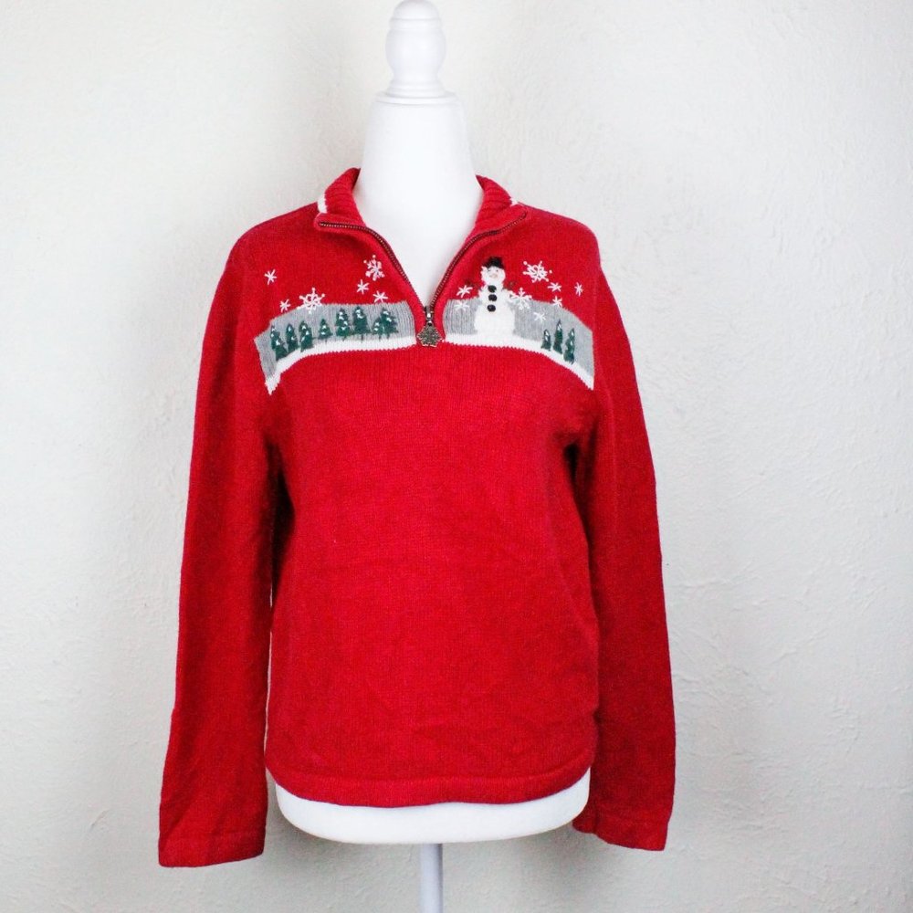 Breckenridge vintage 90s red Christmas snowman quarter zip sweater size petite M